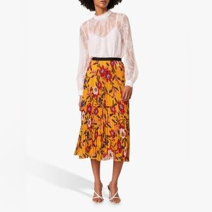 French Connection Pleated Midi Skirt, Size 2, Mustard Yellow Multicolor Floral